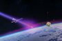 This undated handout obtained on November 14, 2023 from the European Space Agency ESA  shows an artistic impression depicting the effect of a powerful blast of gamma rays that provoked a significant disturbance in our planets ionosphere. Last year the brightest flash of light ever seen in the night sky affected Earth's upper atmosphere in a way that has never before detected before, researchers said on November 14, 2023. The massive burst of gamma rays -- nicknamed the "BOAT" for Brightest Of All Time -- flashed for around seven minutes on October 9, 2022, lighting up telescopes around the world. (Photo by Handout / ESA/ATG Europe / AFP) / RESTRICTED TO EDITORIAL USE - MANDATORY CREDIT "AFP PHOTO /  ESA/ATG Europe" - NO MARKETING NO ADVERTISING CAMPAIGNS - DISTRIBUTED AS A SERVICE TO CLIENTSEditoria: SCILocal: In spaceIndexador: HANDOUTSecao: space programmeFonte: ESA/ATG EuropeFotógrafo: Handout<!-- NICAID(15597680) -->
