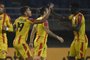Venezuela's Aragua Roger Manrique (L) celebrates with teammates after scoring against Colombia's La Equidad during the Copa Sudamericana football tournament group stage match at the Hernan Ramirez Villegas Stadium in Pereira, Colombia, on April 29, 2021.