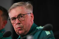 Brazil's Italian head coach Carlo Ancelotti gestures during a press conference at the New York/New Jersey Stadium in East Rutherford on June 12, 2026, on the eve of the 2026 World Cup football match between Brazil and Morocco. (Photo by Mauro PIMENTEL / AFP)<!-- NICAID(16305426) -->