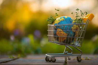 Adobe Stock - CarrinhoMini shopping cart with globe and plants symbolizes sustainable consumer choices.Fonte: 1080678330<!-- NICAID(15986317) -->