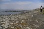 A picture taken on August 18, 2023 in Van, eastern Turkey, shows a woman walking next to ancient underwater rock-like structures, called microbialites, remaining on the surface as the waters of Lake Van have shrunk in recent years. Global heating and a prolonged drought have seen the water reservoirs of Turkey, an agricultural superpower bridging Europe with Asia, perilously shrink in recent years. Lake Van, Turkeys largest, has lost 1.5 percent of its surface area, hurting farmers and exposing polluting dust. (Photo by ILYAS AKENGIN / AFP)Editoria: DISLocal: VanIndexador: ILYAS AKENGINSecao: droughtFonte: AFPFotógrafo: STR<!-- NICAID(15520514) -->