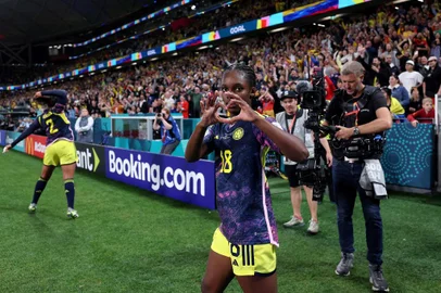 Colombia's forward #18 Linda Caicedo (R) celebrates scoring her team's first goal during the Australia and New Zealand 2023 Women's World Cup Group H football match between Germany and Colombia at Sydney Football Stadium in Sydney on July 30, 2023. (Photo by FRANCK FIFE / AFP)Editoria: SPOLocal: SydneyIndexador: FRANCK FIFESecao: soccerFonte: AFPFotógrafo: STF<!-- NICAID(15496085) -->