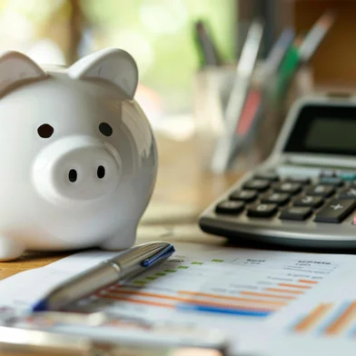A piggy bank sits next to a calculator and financial charts on a wooden desk, symbolizing personal savings and financial planning.Conceito de dinheiro, economia, finanças, poupança - Foto: MP Studio/stock.adobe.comIndexador: mikeaistockFonte: 749184941<!-- NICAID(15893745) -->