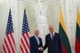 Lithuanian President Gitanas Nauseda (R) and US President Joe Biden shake hands during a bilateral meeting on the sidelines of a NATO Summit in Vilnius, Lithuania, on July 11, 2023. (Photo by ANDREW CABALLERO-REYNOLDS / AFP)<!-- NICAID(15479116) -->