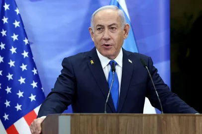 Israel's Prime Minister Benjamin Netanyahu speaks during a joint press conference with the US Secretary of State at his office in Jerusalem on February 16, 2025. Rubio said Palestinian militant group Hamas "must be eliminated", after meeting on February 16 with Israel's prime minister. (Photo by Evelyn Hockstein / POOL / AFP)<!-- NICAID(15982451) -->