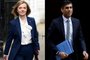 (COMBO) This combination of pictures created on July 12, 2022 shows Britain's Foreign Secretary Liz Truss (L) arriving to attend the weekly Cabinet meeting at 10 Downing Street, in London, on April 19, 2022 and Britain's Chancellor of the Exchequer Rishi Sunak leaving the 11 Downing Street, in London, on March 23, 2022. - Foreign Secretary Liz Truss and Former Finance minister Rishi Sunak are the final two candidates for the Tory party leadership run-off following a vote on July 20, 2022. (Photo by Daniel LEAL and Tolga Akmen / AFP)<!-- NICAID(15154062) -->