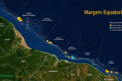 Mapa da margem equatorial do Brasil, onde a Petrobras pretende explorar petróleo.