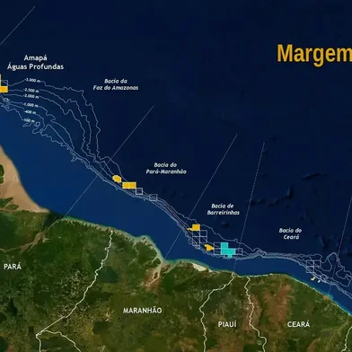Mapa da margem equatorial do Brasil, onde a Petrobras pretende explorar petróleo.
