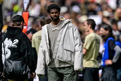BOULDER, CO - APRIL 19: Former Colorado Buffaloes player Shedeur Sanders looks on during the Black and Gold Spring Game at Folsom Field on April 19, 2025 in Boulder, Colorado.   Dustin Bradford/Getty Images for ONIT/AFP (Photo by Dustin Bradford / GETTY IMAGES NORTH AMERICA / Getty Images via AFP)<!-- NICAID(16025588) -->