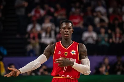 Germany's Dennis Schroder reacts after scoring during the FIBA Basketball World Cup group E match between Australia and Germany at Okinawa Arena in Okinawa on August 27, 2023. (Photo by Yuichi YAMAZAKI / AFP)Editoria: SPOLocal: OkinawaIndexador: YUICHI YAMAZAKISecao: basketballFonte: AFPFotógrafo: STF<!-- NICAID(15777970) -->