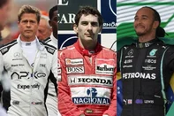 Montagem de Brad Pitt, Ayrton Senna e Lewis Hamilton<!-- NICAID(16066974) -->