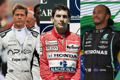 Montagem de Brad Pitt, Ayrton Senna e Lewis Hamilton<!-- NICAID(16066974) -->