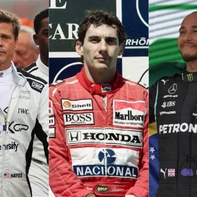 Montagem de Brad Pitt, Ayrton Senna e Lewis Hamilton<!-- NICAID(16066974) -->