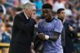 Real Madrid's Brazilian forward Vinicius Junior listens to Real Madrid's Italian coach Carlo Ancelotti (L) during the Spanish league football match between Valencia CF and Real Madrid CF at the Mestalla stadium in Valencia on May 21, 2023. (Photo by JOSE JORDAN / AFP)Editoria: SPOLocal: ValenciaIndexador: JOSE JORDANSecao: soccerFonte: AFPFotógrafo: STR<!-- NICAID(15435733) -->