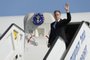US Secretary of State Antony Blinken waves as he disembarks from an aircraft for the start of his visit to Israel, amid the ongoing conflict between Israel and the Palestinian Islamist group Hamas, at Ben Gurion International airport near Tel Aviv on November 3, 2023. Blinken arrived in Israel on November 3, an AFP correspondent travelling with him said, in a trip focused on measures to minimise harm to civilians in the war in Gaza. (Photo by JONATHAN ERNST / POOL / AFP)<!-- NICAID(15587296) -->