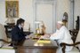 This photo taken and handout on February 12, 2024 by The Vatican Media shows Pope Francis during a private audience with Argentinian President Javier Milei in The Vatican. (Photo by Handout / VATICAN MEDIA / AFP) / RESTRICTED TO EDITORIAL USE - MANDATORY CREDIT "AFP PHOTO / VATICAN MEDIA" - NO MARKETING - NO ADVERTISING CAMPAIGNS - DISTRIBUTED AS A SERVICE TO CLIENTS<!-- NICAID(15676790) -->