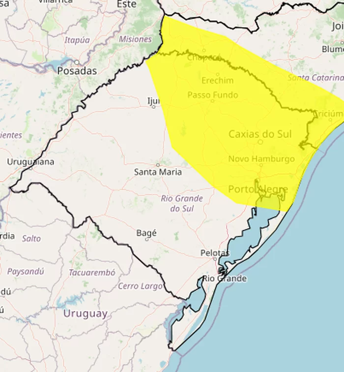 Alerta amarelo indica perigo potencial de tempestade no RS.