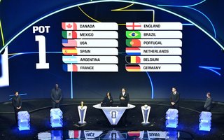Pot 1 nations are displayed on a scren during the draw for the 2026 FIFA Football World Cup taking place in the US, Canada and Mexico, at the Kennedy Center, in Washington, DC, on December 5, 2025. (Photo by Roberto SCHMIDT / AFP)<!-- NICAID(16181266) -->