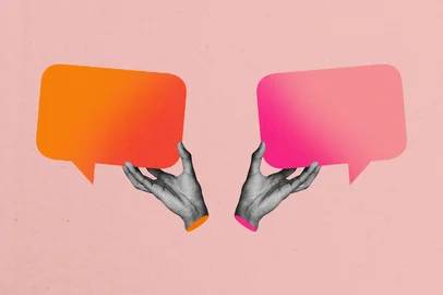 Composite photo collage of two hands hold bubble communication speech colorful cloud talk conversation isolated on painted background.<!-- NICAID(15979196) -->