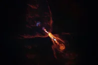 This handout image released by the European Southern Observatory (ESO) on July 16, 2025 and taken with the Atacama Large Millimetre/submillimetre Array (ALMA) shows HOPS-315, a baby star where astronomers have observed evidence for the earliest stages of planet formation. Astronomers said they had observed the moment when planets start forming around a distant star for the first time, revealing a process that sheds light on the birth of our own solar system. The new planetary system is forming around the baby star HOPS-315 -- which resembles our own Sun in its youth -- 1,300 light years from Earth in the Orion Nebula. (Photo by Handout / European Southern Observatory / AFP) / XGTY / RESTRICTED TO EDITORIAL USE - MANDATORY CREDIT "AFP PHOTO /  HANDOUT / EUROPEAN SOUTHERN OBSERVATORY" - NO MARKETING NO ADVERTISING CAMPAIGNS - DISTRIBUTED AS A SERVICE TO CLIENTS<!-- NICAID(16082041) -->