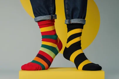 Legs adorned with various striped socks against a backdrop featuring copy space. Awareness concept.crédito: The 2R Artificiality, stock.adobe<!-- NICAID(15998620) -->