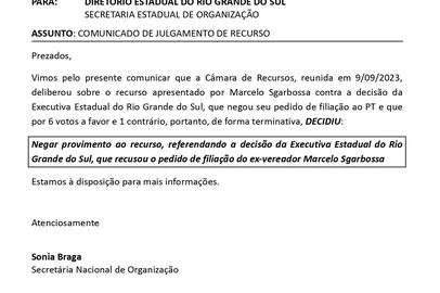Secretaria de Organização do PT rejeita recurso de Marcelo Sgarbossa