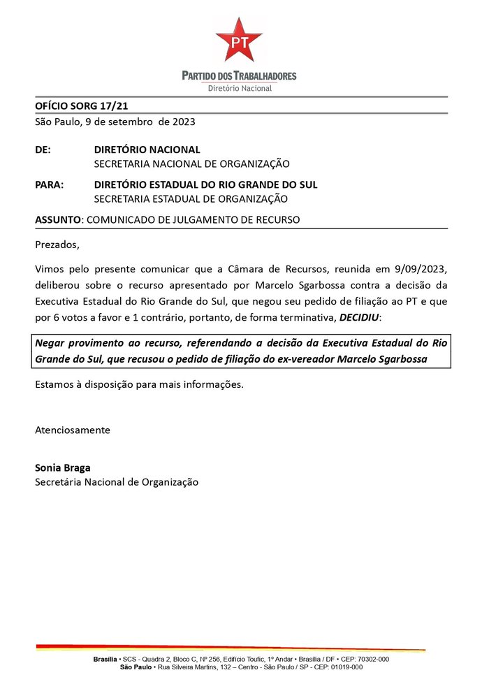 Reprodução / Secretaria de Organização do PT