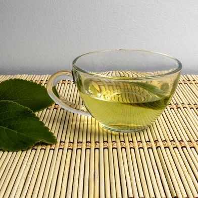 Bilberry tea, Peumus boldus, in a clear glass cup on a bamboo mat on a light background and leaves on the side. Used for medicinal purposes and for digestive support.Fonte: 420284660<!-- NICAID(15633311) -->