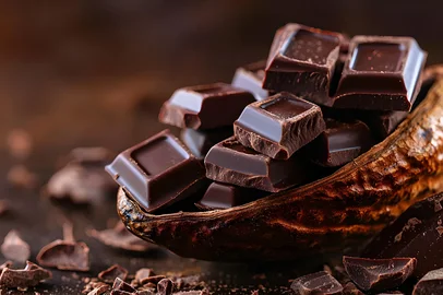 Raw cacao beans spilling out of a pod, surrounded by dark chocolate pieces, symbolizing the natural origins of indulgent chocolate treats<!-- NICAID(15995560) -->