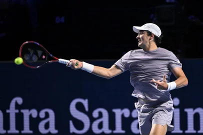 Brazil's Joao Fonseca plays a forehand return to Spain's Alejandro Davidovich Fokina during their men's final match at the Swiss Indoors ATP 500 tennis tournament in Basel on October 26, 2025. (Photo by Fabrice COFFRINI / AFP)<!-- NICAID(16156511) -->
