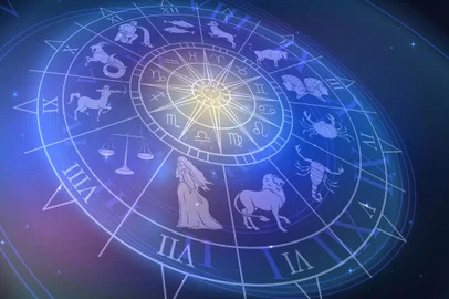 Wheel chart with zodiac signs in space, astrology and horoscope<!-- NICAID(15316343) -->