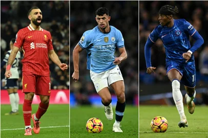 Na foto, da esquerda para a direita: Salah, do Liverpool, Matheus Nunes, do Manchester City, e Madueke, do Chelsea<!-- NICAID(15941190) -->