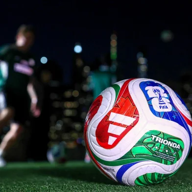 The 2026 FIFA Men's World Cup match ball named Trionda is pictured during its unveiling in New York on October 2, 2025. The 2026 FIFA Men's World Cup is scheduled to take place between June and July 2026, with matches being hosted in Mexico, Canada and the US. (Photo by CHARLY TRIBALLEAU / AFP)<!-- NICAID(16138235) -->