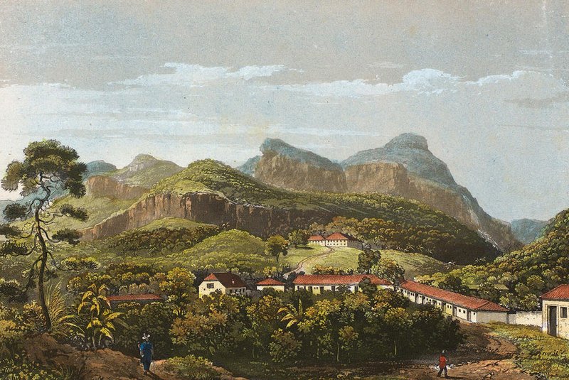 Nova Friburgo , no Rio de Janeiro. Água-tinta e aquarela sobre papel de J. J. Steinmann , 1839. Acervo da Pinacoteca do Estado de São Paulo<!-- NICAID(15749181) -->