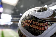 A view of the Trionda Final ball at the Dallas Stadium in Arlington on July 12, 2026, ahead of the 2026 World Cup football tournament semi-final match between France and Spain on July 14.  (Photo by FRANCK FIFE / AFP)<!-- NICAID(16326035) -->