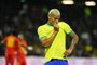 Brazil's forward Richarlison celebrates after scoring a goal during the friendly football match between Brazil and Ghana at the Oceane Stadium in Le Havre, northwestern France on September 23, 2022. (Photo by Damien MEYER / AFP)Editoria: SPOLocal: Le havreIndexador: DAMIEN MEYERSecao: soccerFonte: AFPFotógrafo: STF<!-- NICAID(15215805) -->
