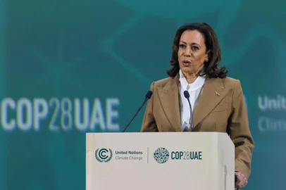 US Vice President Kamala Harris speaks during the Tripling Renewable Energy and Doubling Energy Efficiency by 2030 session at the COP28 United Nations climate summit in Dubai on December 2, 2023. The COP28 conference opened on December 1 with an early victory as nations agreed to launch a "loss and damage" fund for vulnerable countries devastated by natural disasters. (Photo by KARIM SAHIB / AFP)<!-- NICAID(15615625) -->