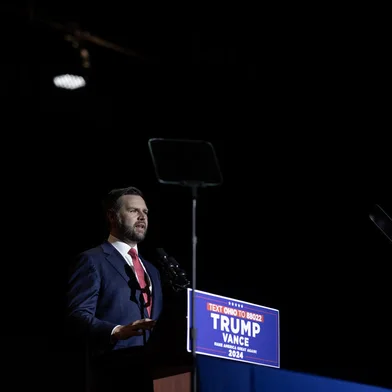 MIDDLETOWN, OHIO - JULY 22: Republican vice presidential nominee Sen. JD Vance (R-OH) speaks during a campaign rally at Middletown High School on July 22, 2024 in Middletown, Ohio. This was the first solo campaign rally for Vance who was announced as Republican presidential candidate former President Donald Trump's running mate at the Republican National Convention last week.   Scott Olson/Getty Images/AFP (Photo by SCOTT OLSON / GETTY IMAGES NORTH AMERICA / Getty Images via AFP)<!-- NICAID(15820324) -->