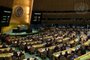 View of the United Nations General Assembly during the vote to end the economic, commercial and financial embargo imposed by the United States of America against Cuba. Votes can be seen on large screens on both sides of the podium. The resolution was adopted 187 in favour, 3 against and 2 abstentions.<!-- NICAID(15587180) -->