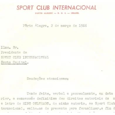 documento de doação do hino do Inter