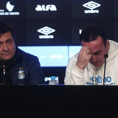 PORTO ALERE, RS, BRASIL, 15-07-2025: Coletiva na Arena do Grêmio sobre doação feita pelo empresário Marcelo Marques que passará administração do estádio para o Grêmio. Foto: Jonathan Heckler/Agência RBS<!-- NICAID(16080680) -->