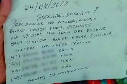 A Marinha do Brasil (MB) resgatou, na quarta-feira, 13, seis tripulantes da embarcação "Bom Jesus", na Ilha das Flechas (PA), que fica a aproximadamente 150 quilômetros de Belém. Os socorristas foram acionados após pescadores encontrarem garrafa com bilhete dos náufragos. Eles estavam desaparecidos desde 27 de março, e foram encontrados em "bom estado geral de saúde".<!-- NICAID(15069442) -->