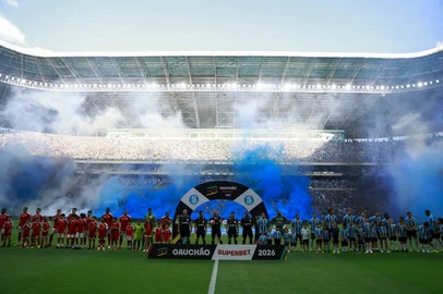 PORTO ALEGRE, RS, BRASIL, 01-03-2026: GreNal 450. Grêmio e Internacional se enfrentam na Arena pela jogo do ida da final do Gauchão de Futebol 2026. Fotos: Jeff Botega/Agencia RBSIndexador: jeff botega<!-- NICAID(16235883) -->