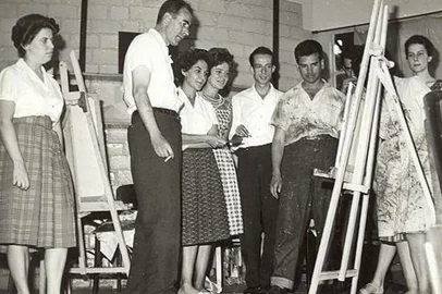 Encontros com Iberê Camargo, dezembro de 1960, Ana Walkiria Borba, Iberê Camargo, Edíria Carneiro, Maria de Lourdes Sanchez, Ênio Lippmann, Paulo Peres e Susana Mentz<!-- NICAID(14750744) -->