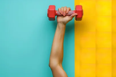 Over a vivid backdrop, a female athlete's hand is seen holding a vivid dumbbell and training apparatus and space, Generative AI.Fonte: 789791159<!-- NICAID(15818439) -->