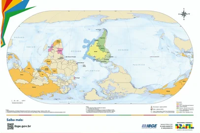 IBGE lança mapa-múndi invertido, com Brasil no centro e sul no topo.