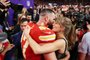 LAS VEGAS, NEVADA - FEBRUARY 11: Travis Kelce #87 of the Kansas City Chiefs and Taylor Swift embrace after defeating the San Francisco 49ers 25-22 in overtime during Super Bowl LVIII at Allegiant Stadium on February 11, 2024 in Las Vegas, Nevada.   Ezra Shaw/Getty Images/AFP (Photo by EZRA SHAW / GETTY IMAGES NORTH AMERICA / Getty Images via AFP)<!-- NICAID(15676560) -->