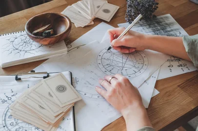 Astrology. Astrologer calculates natal chart and makes a forecast of fate Tarot cards, Fortune telling on tarot cards magic crystal, occultism, Esoteric background. Fortune telling,tarot predictionsFonte: 479207790<!-- NICAID(15316345) -->