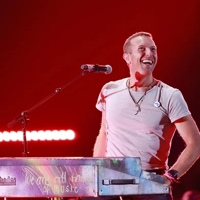 Chris Martin performs on stage during the iHeart Radio Music Festival at the T-Mobile Arena in Las Vegas, Nevada, on September 21, 2024. (Photo by Michael Tran / AFP)<!-- NICAID(15879679) -->