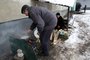 Um morador local prepara sua comida em um incêndio do lado de fora de um prédio de apartamentos na cidade de Popasna, região de Lugansk, em 5 de março de 2022, quando a cidade deixou gás e eletricidade devido a bombardeios regulares.